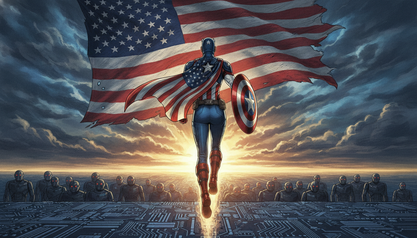 A Captain America figure rising toward a golden sunrise beneath a torn American flag