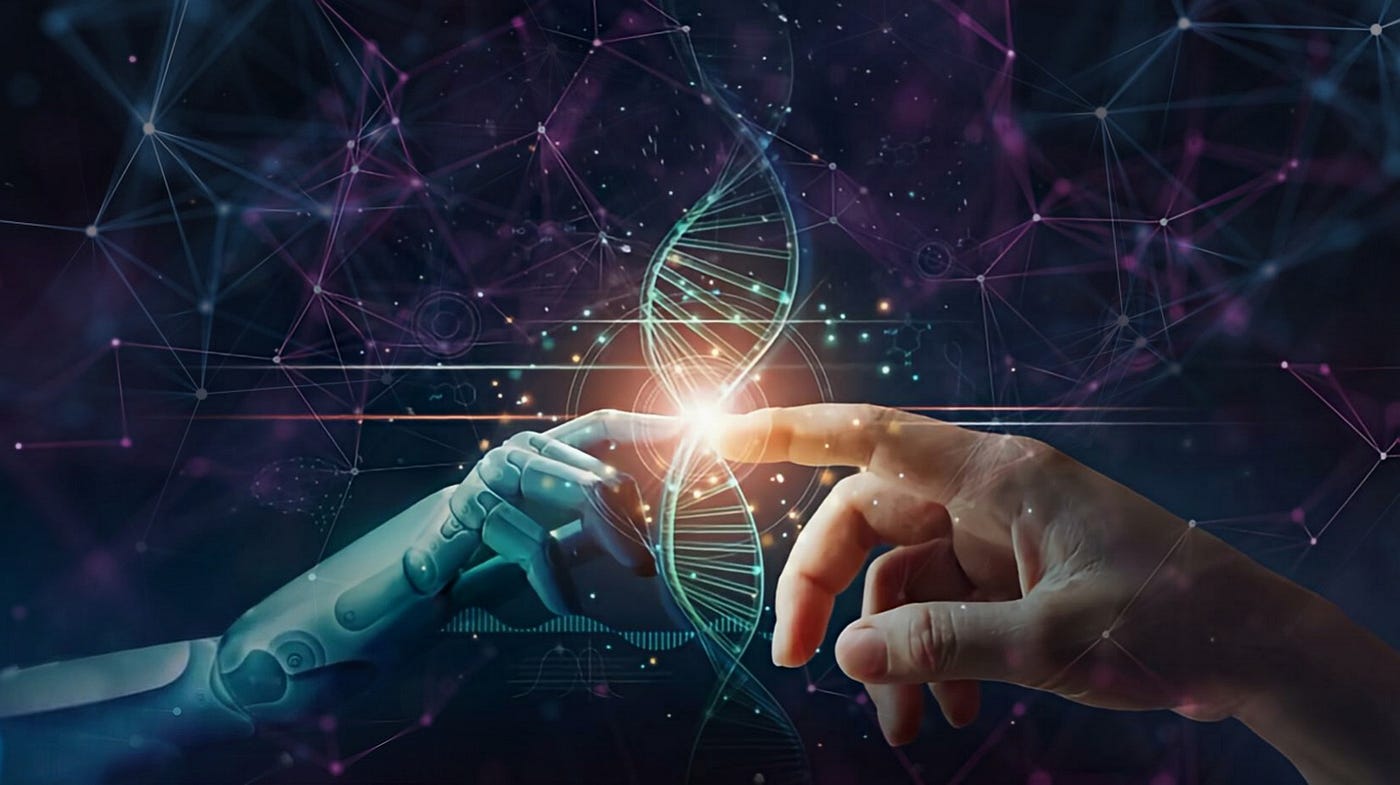 A robot hand and a human hand reaching toward each other across a glowing DNA strand