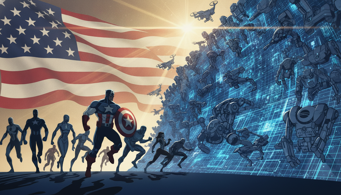 Heroes in star-spangled armor charging a wall of machines
