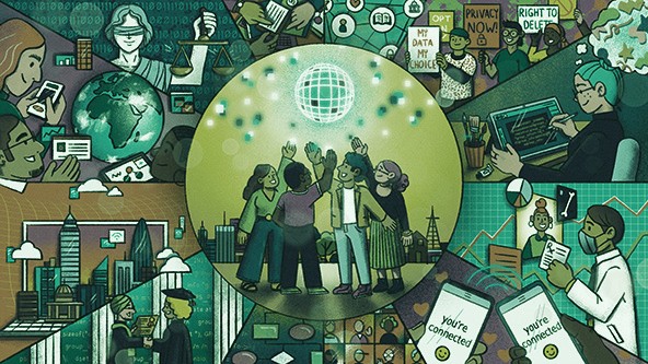Illustrated collage of people connected through data, privacy and community