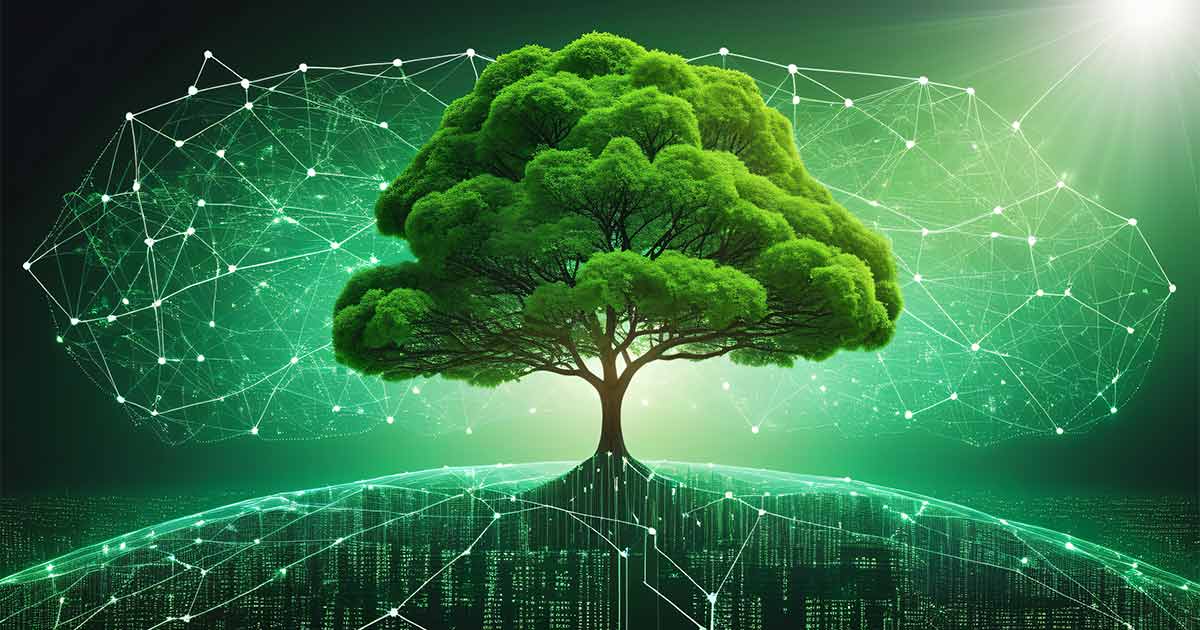 A green tree connected to a glowing digital network — one living system